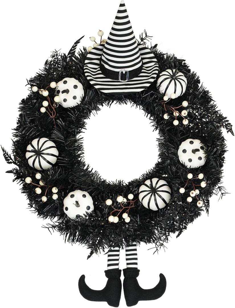 26" Halloween Wreath for Front Door with Hat, Legs, Pumpkins