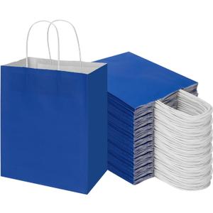 Toovip 100 Pack 8x4.75x10 Inch Medium Royal Blue Kraft Paper Bags with Handles Bulk, Gift Wrap Bags for Favor Grocery Retail Party Birthday Shopping Business Goody Craft Merchandise Take Out sacks