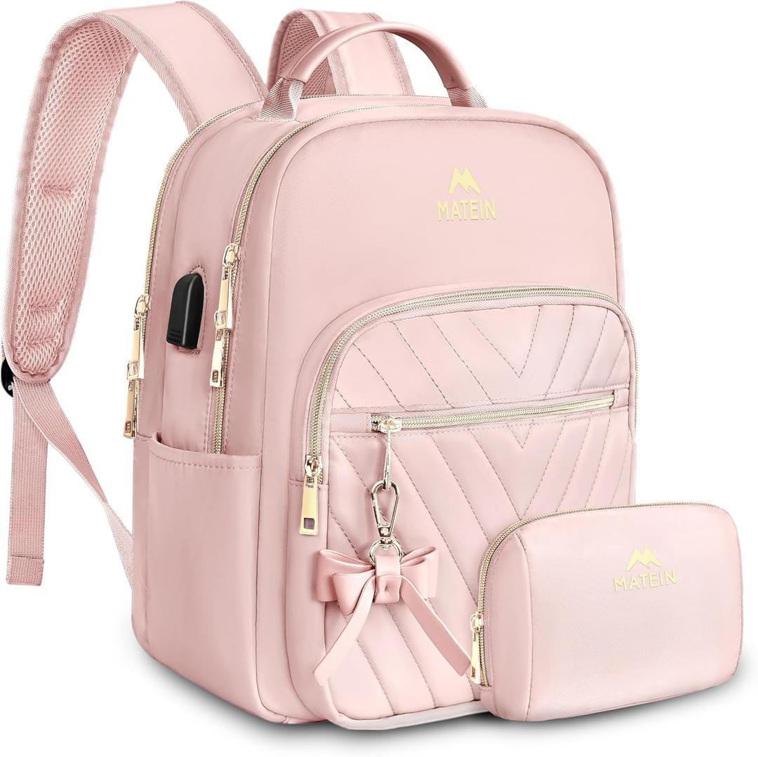 MATEIN Bowknot Cute Backpack Purse, Fashion Mini Shoulder Bag with USB Charging Port, Waterproof Lightweight Travel Daily Backpack College Handbag for Ladies Women, 2pcs Sets, Pink (Small-12.9 inch)