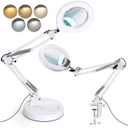 10X Magnifying Glass with Light and Stand, Upgrade Button 5 Color Modes Stepless Dimmable, 2-in-1 LED Lighted Magnifier Light, Hands Free Desk Lamp with Clamp for Craft Hobby Close Work - White