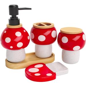 Mushroom Bathroom Decor Set  Ceramic Soap Dispenser, Toothbrush Holder, Canister, and Soap Dish with Bamboo Accessories  Cottagecore Bathroom Gifts for Women