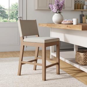 Nathan James Linus Modern Upholstered Counter Height Bar Stool with Back and Solid Rubberwood Legs in a Wire-Brushed Light Brown Finish, Natural Flax/Brown