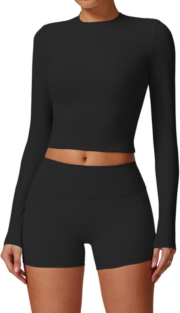 Womens Workout Sets Two Piece Long Sleeve Top Matching High Waist Shorts Sets Fall Winter Gym Work Out Clothes (Medium, Black)