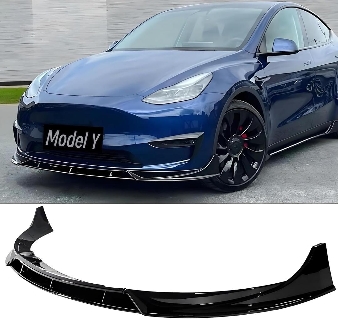 Front Bumper Lip Splitter Spoiler Compatible with Tesla Model Y 2020 2021 2022 2023 2024 Gloss Black 4-Pieces Sporty Style Accessories Air Chin Body Kit