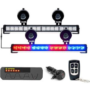 Xprite Emergency Dash Strobe Lights, 32LED Anti-Glare Windshield Visor Light Bar, Wireless Remote & Pressure-Boosted Suction Cups for Traffic Construction Police Vehicles Red Blue