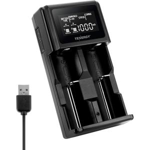 Tenergy TN471U 2-Bay Universal Battery Charger with LCD for Li-ion/NiMH/NiCD Rechargeable Batteries, Micro USB Input, Portable Charger for Batteries Sizes 18650, 16340, 26650, AA, AAA, and More