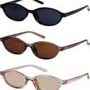 3 Pairs Retro Oval Cat Eye Sunglasses for Women 90s Designer Narrow Sunnies Y2k Trendy UV protection Sun Glasses (Black/Gray + Brown/Gradient Tea + Champagne/Champagne)
