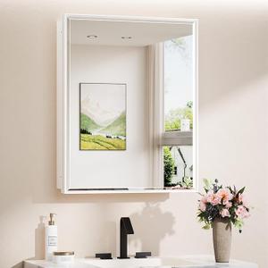 TokeShimi 24x30 Recessed Medicine Cabinet with Mirror Wall Mounted, Metal Beveled Mirror with Storage for Bathroom Vanity, Aluminum White Medicine Cabinet Mirrored
