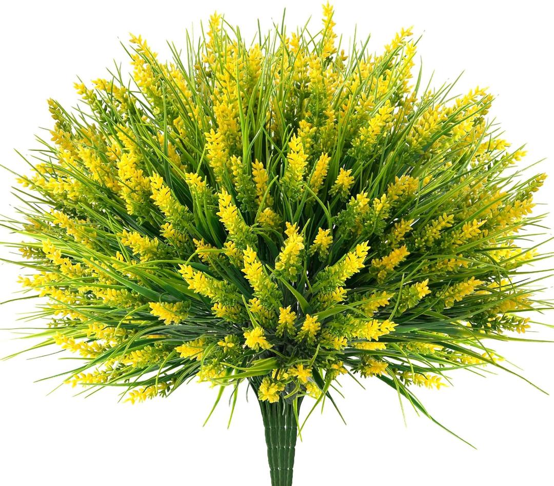 20 Bundles Artificial Plants Outdoor, UV Resistant Fake Flowers Realistic Faux Lavender Shrubs for Porch Garden Window Box Home Decoration (Yellow)