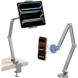 OMOTON Tablet Stand for iPad with 360 Rotation, GH04 Aluminum Alloy Long Arm Phone Mount with Magnetic Phone Head & Plastic Tablet Clamp, Adjustable Holder for 4-13" iPad Pro/iPhone, Grey