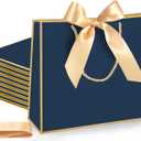 Silkfly 12 Pcs Thank You Gift Bags with Handle 12x10x4'' Welcome Elegant Gifts Bag with Bow Ribbon for Mother's Day Wedding Graduation Bridesmaid Baby Shower Birthday Housewarming (Navy Blue)