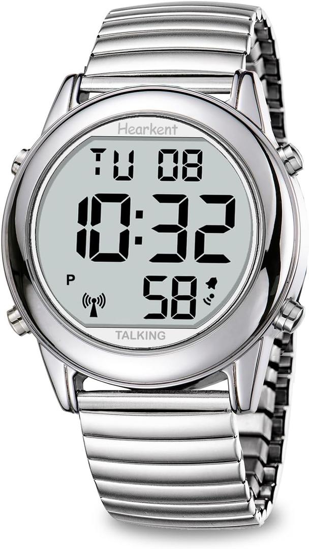 Large Digital Talking Watch English Speaking for The Blind, Elderly or Visually impaired Receives US Signals Automatic Time and Date Correction Big Numbers Easy to See Loud and Clear-Hearkent-2117M (Silver)