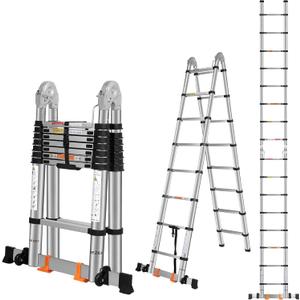Telescoping Ladders 16.5FT A Frame Stainless Steel Extension Ladder,Heavy Duty Lasts for 375LBS,with Balance Bar and Movable Wheel,Multi-Purpose Collapsible Ladder for Outdoor Indoor