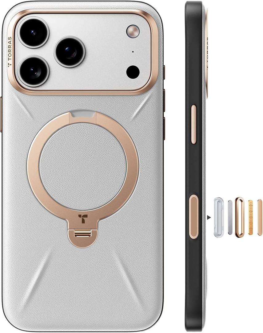 TORRAS Q3 VegSkin for iPhone 17 Pro Max Case Leather, 360 Spin Magnetic Stand, Fit for MagSafe, Camera Control, Shockproof Premium Organic Silicone Leather Case for iPhone 17 Pro Max, Cloud White