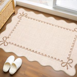 GarveeHome Scalloped Bow Rug for Kitchen Floor, Solid Beige Rug for Dorm, Washable Entryway Rugs 2x3 Soft Low Pile Non Slip Scalloped Rugs for Nursery Bedroom Decor Hallway