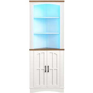 HOOBRO Corner Cabinet with LED Lights, 67" Tall Farmhouse Corner Storage Cabinet with Doors and Storage Shelves, 5-Tier Corner Bathroom Cabinet, for Living Room, Kitchen, White and Walnut WH74DCJ01, 15.3"L x 15.3"W x 67.3"H