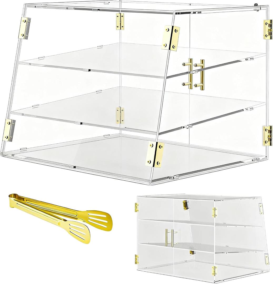 3-Tier Slanted Acrylic Bakery Display Case, 21"17"17" Commercial Countertop Pastry Showcase with Automatic-Closing Rear Doors for Donuts, Bagels, Macarons, Cupcakes