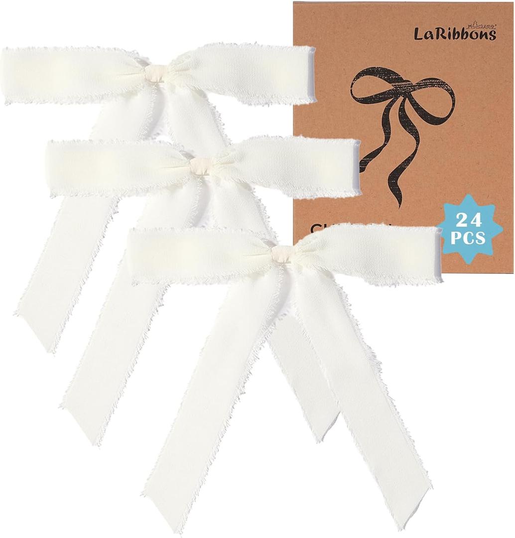 LaRibbons Chiffon Pre - Made Hair Bows Ribbon for Women Girls - Ivory Chiffon Ribbon Bows for Gift Wrapping & Wedding Decor, 24PCs