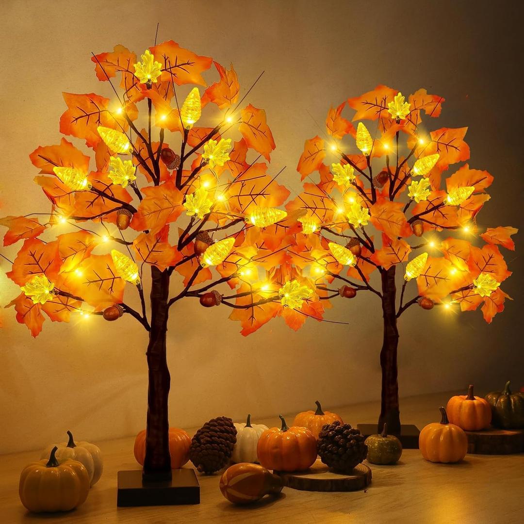 2 Pack 24 Inch Prelit Fall Maple Tree Decorations with 48 LEDs Timer Fall Battery Operated Lighted Artificial Pumpkin Acorn Light Up Maple Tree for Thanksgiving Harvest Table Home Indoor Decor