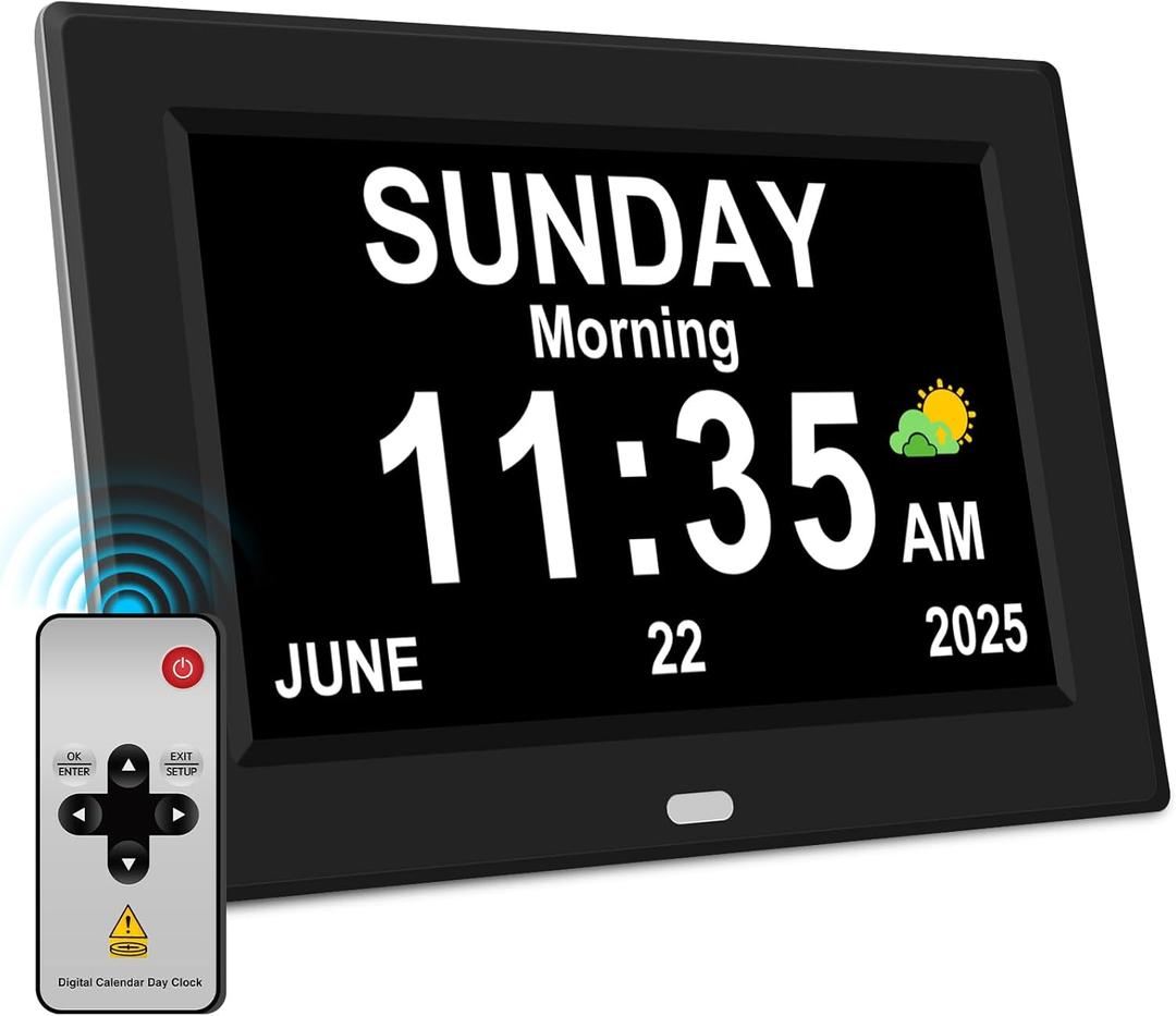 10'' Large Display Digital Alarm Clock for Seniors Date Day of Week Electric Digital Clocks 12 Alarms 4 Colors Desk Calendar Clocks for Memory Loss Alzheimers Clock Auto DST/Dimmer (Black)