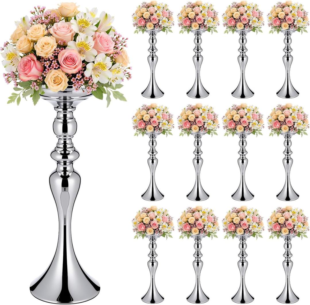 Sadnyy 12 Pcs Silver Metal Wedding Flower Vase Stand, 15 Inch