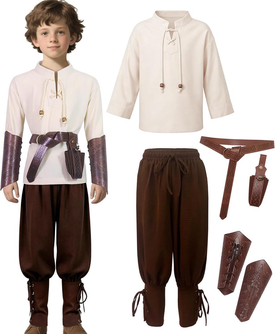 Kids Medieval Costume Boys Renaissance Viking Tunic Pants Accessories Outfit for Halloween Cosplay 11-12Y