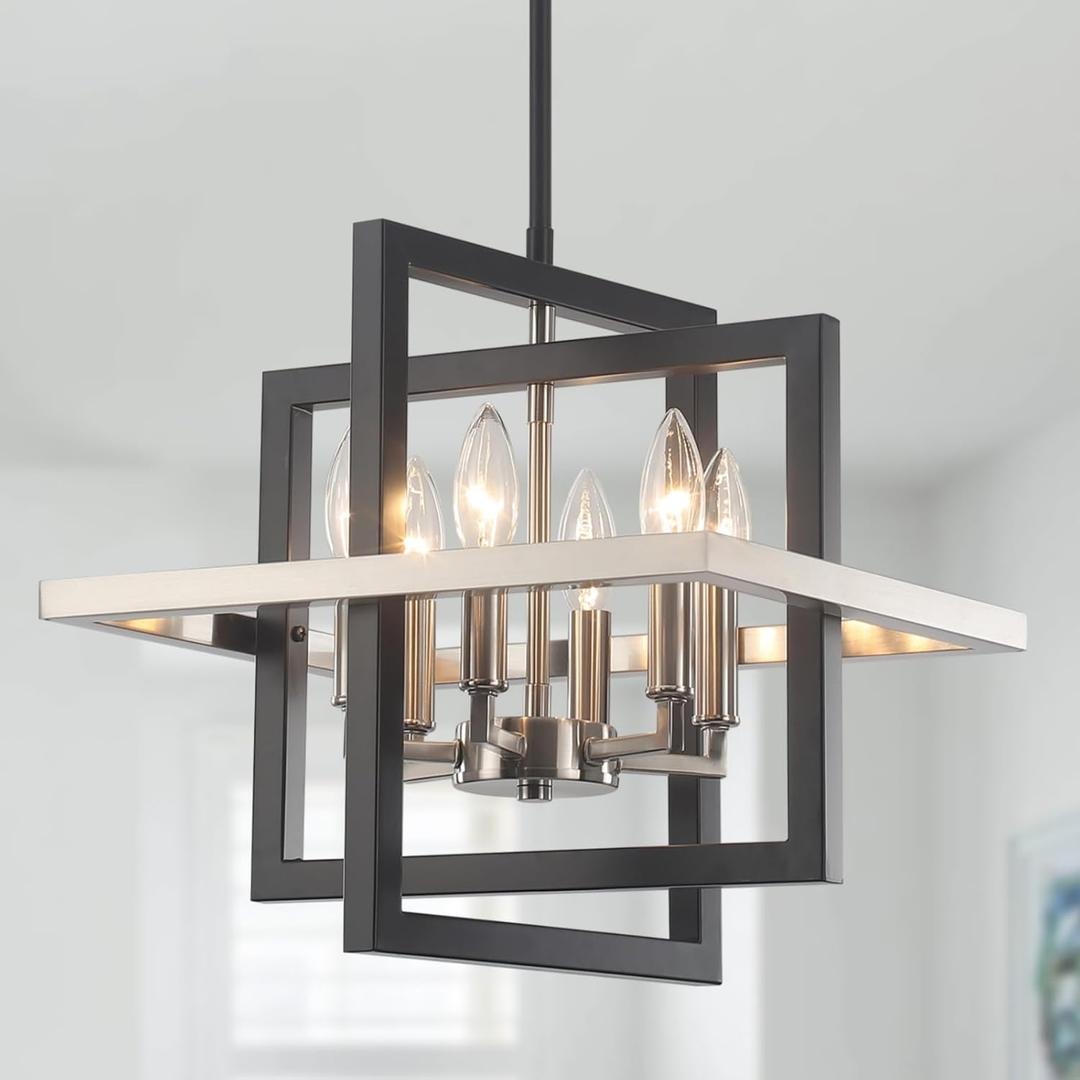Small Black and Nickel Chandelier- 6 Lights Geometric Pendant Lighting, Modern Industrial Chandeliers Hanging Light Fixture for Entryway Dining Room Living Room Kitchen Island Hallway Foyer