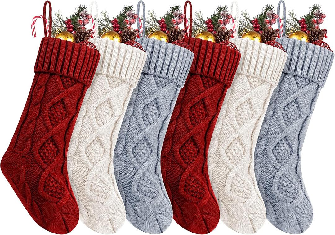 Fesciory Christmas Stockings, 6 Pack 18" Large Knit Stocking & Decor for Family Holiday Xmas Party Gift, Burgundy&Ivory&Grey