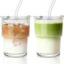 INSETLAN 13oz Portable Glass Tumblers Set of 2, Thick Wall Glass Cups with Lid and Glass Straw, On-the-Go Coffee Cups for Iced Coffee, Tea, Milk, Hot & Cold Drinks, Travel & Daily Use