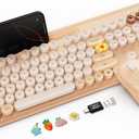 Wireless Keyboard and Mouse Combo with Retro Round Keycaps, Full-Size Cute Typewriter Keyboard with Large Phone/Tablet Holder, 2.4GHz Cordless for Mac, Windows PC, Laptop, Trueque CK13, Milk Tea Beige