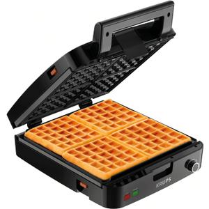 KRUPS 4-Slice Belgian Waffle Maker: Stainless Steel, 5 Browning Levels, Audible Ready Beep, Removable Plates, 1200W, Silver/Black - Perfect for Family Breakfasts