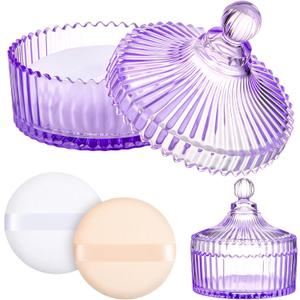 Tioncy 3 Pcs Extra Large Body Powder Puff and Container 5.43'' Glass Body Container with 5.12'' Powder Puff Glass Jar for Women's Talcum(Classic,Purple)