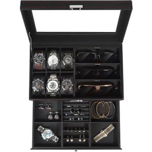 Jewelry Box for Men, 6 Slot Watch Box Jewelry Organizer With Drawer, Watch Case for Men with Large Window, 2-Layer Watch Holder, Sunglasses Storage Organizer, Velvet Lining, PU Leather, Gift Idea (Black)
