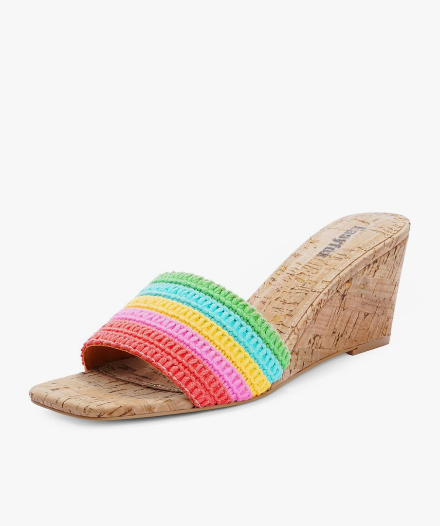 Wedge Sandals for Women Open Toe Wedge Heels Womens High Heel Sandal Square Toe Heeled Wedge Sandals Wood Grain Slip on Wedge Mules Size 7