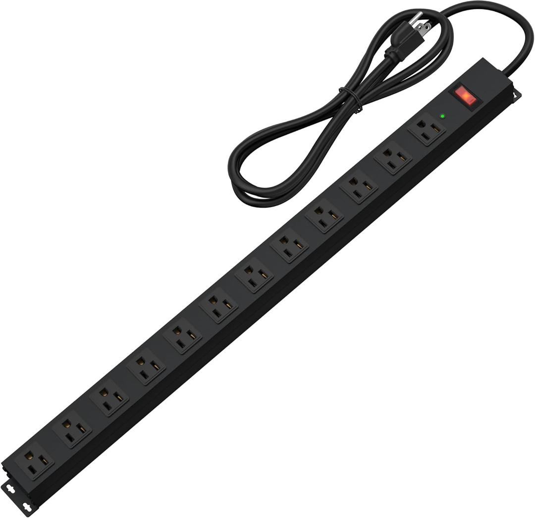 12 Outlet Long Power Strip Surge Protector with 2100 Joules, 6FT Power Cord, Wide Spaced Outlet Power Bar, Overload Protection Switch, Industrial Heavy Duty for Work Bench, Shop, Garage (Black)