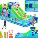 FBSPORT Inflatable Bounce House Water Slide Park, Double Slide Bouncer Castle with 550W Air Blower, Climbing Wall, Jumping Area, Toss Rings, Basketball, Splash, Bouncy House for Backyard Outdoor