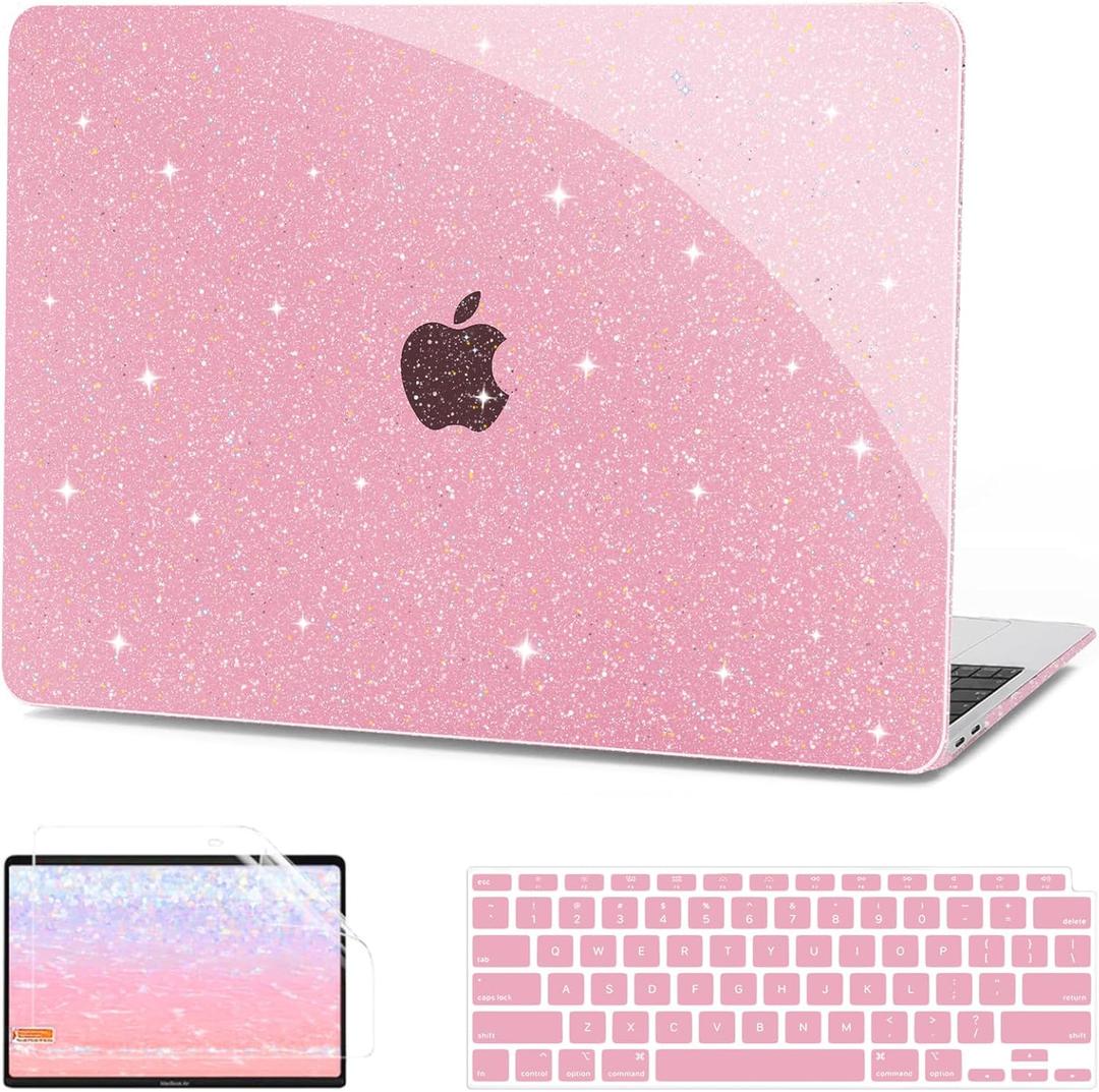 G JGOO Compatible with MacBook Air 13 Inch Case 2022 2021 2020 2019 2018 Release M1 A2337 A2179 A1932 Touch ID, Glitter Plastic Hard Shell Case + 2 Keyboard Covers + Screen Protector, Sparkly Pink