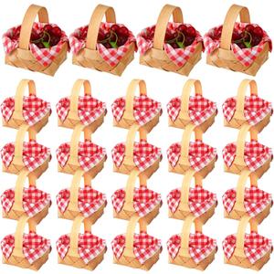 Geelin 24 Pcs Mini Woven Basket with Handle and Red White Gingham Paper Napkins Wood Chip Mini Flower Fruit Picnic Basket Chip for Easter Spring Wedding Party Gift Decoration (Medium)