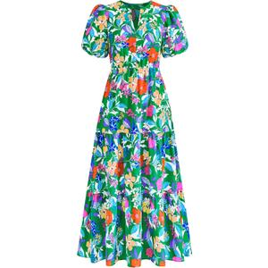 dowerme Womens Summer Dresses 2026 Casual Puff Short Sleeve V Neck Floral Boho Tiered Ruffle Maxi Dress with Pockets (S, Green Orange Flower)