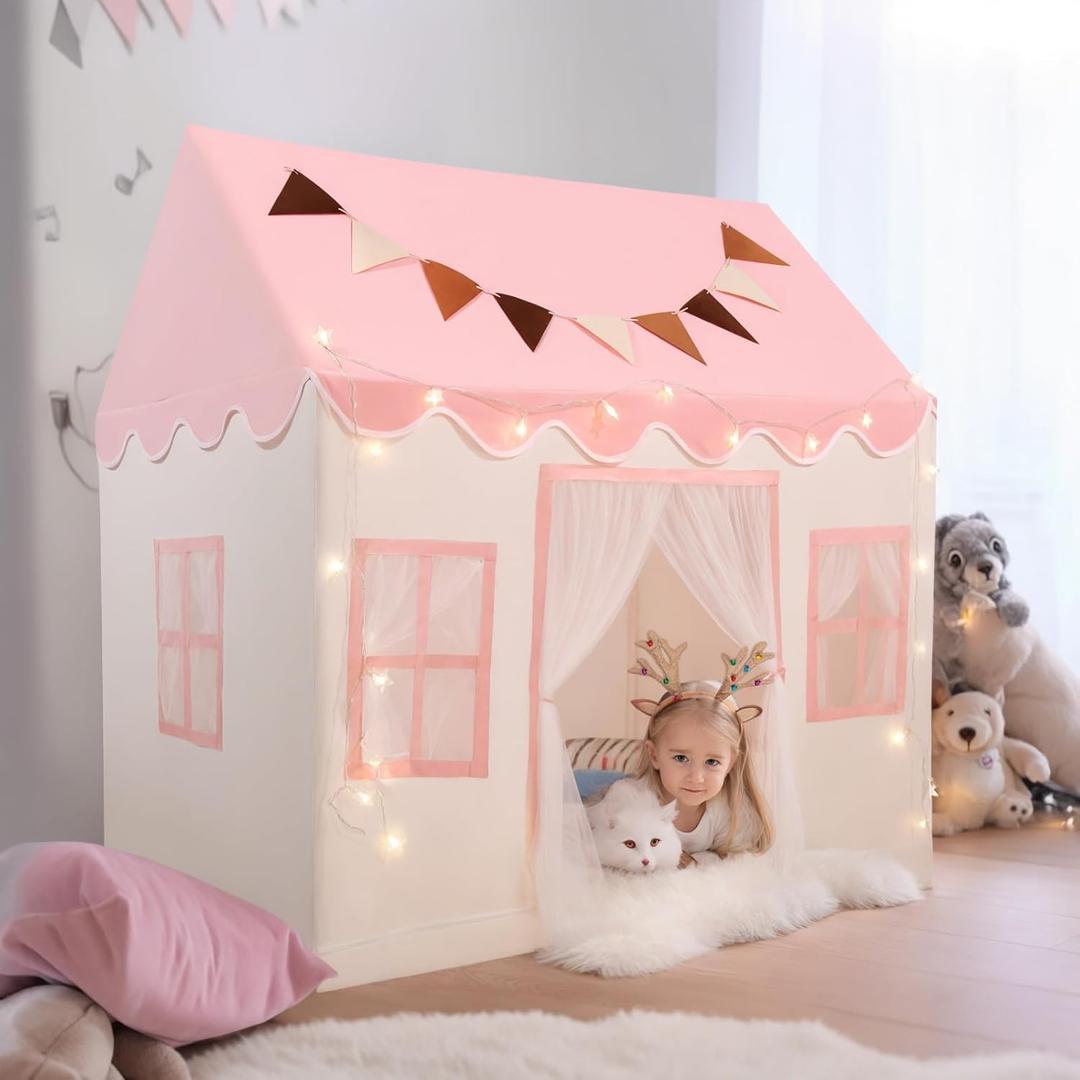 Kids Play Tent with Non-Slip Mat, Star String, Decorating Flag, Machine Washable Large Playhouse, Indoor and Outdoor Play Tent for Kids, Pink, 47" x 40" x 52"