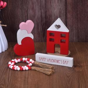 Valentine's Day Tiered Tray Decor, 6-Piece Wooden Heart & House Table Decorations for Valentines Day with Wood Bead Garland with Tassel, Happy Valentine's Day Decor for the Home Mantels (3 colors)