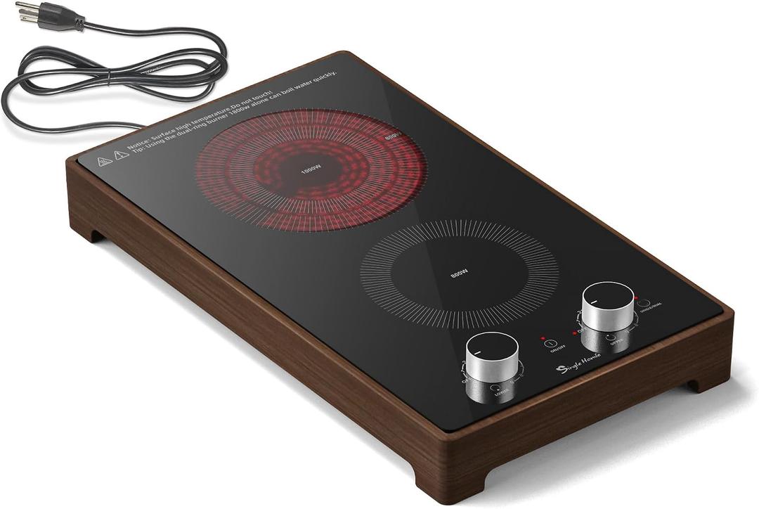 2 Burner Electric Cooktop 110v, Plug in Stove Top Burner, Countertop & Built-in Electric Burner with Knob Control, Wooden Frame, 9 Power Levels, 1800W