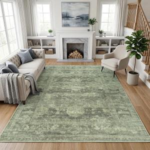 Washable Rugs 8x10 Area Rugs for Living Room,Rug for Bedroom, Vintage Distressed Non-Slip, Ultra Soft Faux Wool Carpet for Dining Room, Green for Home Office Décor