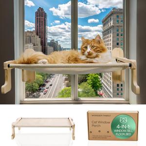 Foldable Cat Window Perch for Cats Inside  Cat Hammock for Windowsill, Shelf, Wall  4 Heavy Duty Suction Cups, Sturdy Frame, Screws  Pet Hammock Sill Extender  1 Plush & 1 Textile Window Cats Bed (Beige)