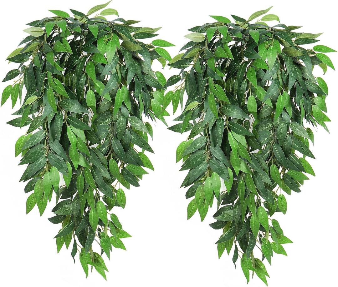 RECUTMS Artificial Hanging Willow Leaves Vine Twigs 2PC, Fake Silk Weeping Willows Leaf Plant Faux Italian Ruscus Greenery Indoor Outdoor Home Garden Wedding Arch Jungle Birthday Party Spring Decor