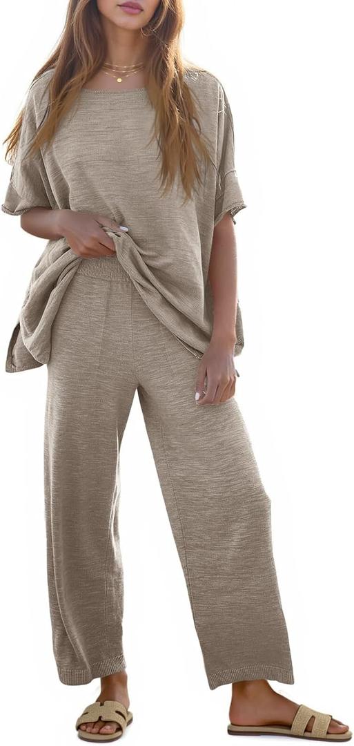 Tankaneo Women's 2 Piece Travel Outfits Casual Short Sleeve Knit Sweater Set Wide Leg Pants Lounge Sets Tracksuit (Medium, Khaki)