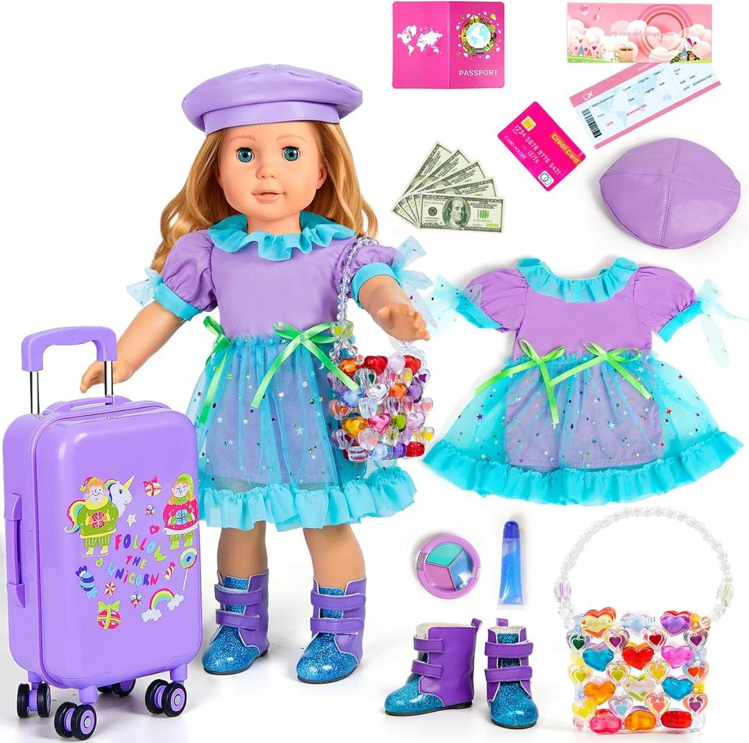 WONDOLL American 18-inch-Doll-Clothes and Accessories -Travel-Suitcase Luggage, Clothes and Shoes, Handbag, Berets,Passport, Notebook, Travel Gear Play Sets(No Doll)