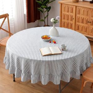 Boao Cotton 60 Inch Ruffle Tablecloth Blue White Striped Flounces Trim Table Cover for Round Table Kitchen Party Wedding Decor