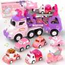 Cars Toys for 2 + 3 + Year Old Girl, 7-in-1 Princess Transport Carrier Trucks for Toddlers Girl 2-4, Friction Power Toy Cars with Lights & Music, Birthday Gift for Girls Age 2 3. (Pink&purple&red)