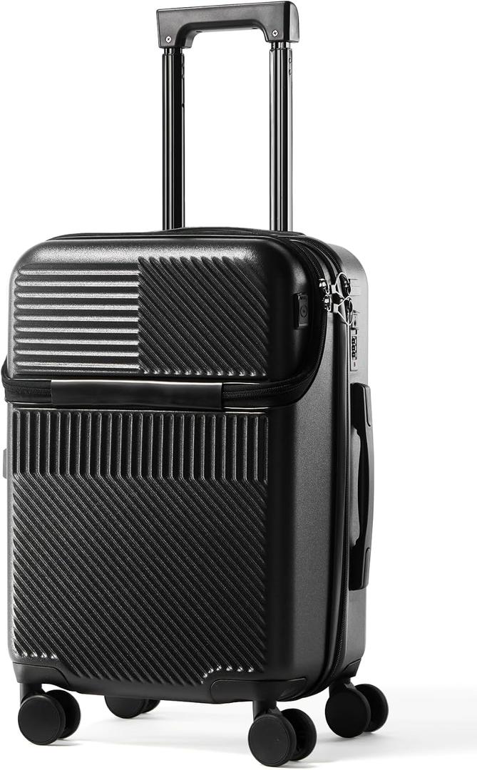 UrbanExplorer 20 Inch Carry-On Luggage with Front Opening, Cup Holder & USB Port, Lightweight ABS+PC Hardshell Spinner Suitcase, Airline Approved, 360 Wheels, Black